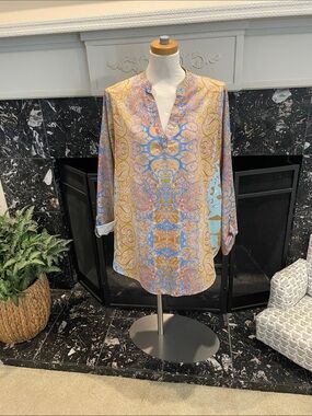 Pastel Paisley V-Neck Tunic Blouse - Blue, Peach, Gold